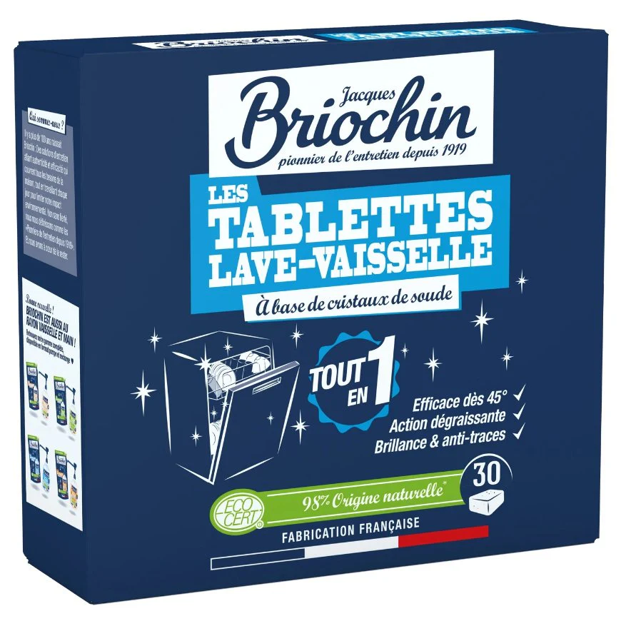 30 tablettes lave-vaisselle tout en 1 Ă base de cristaux de soude