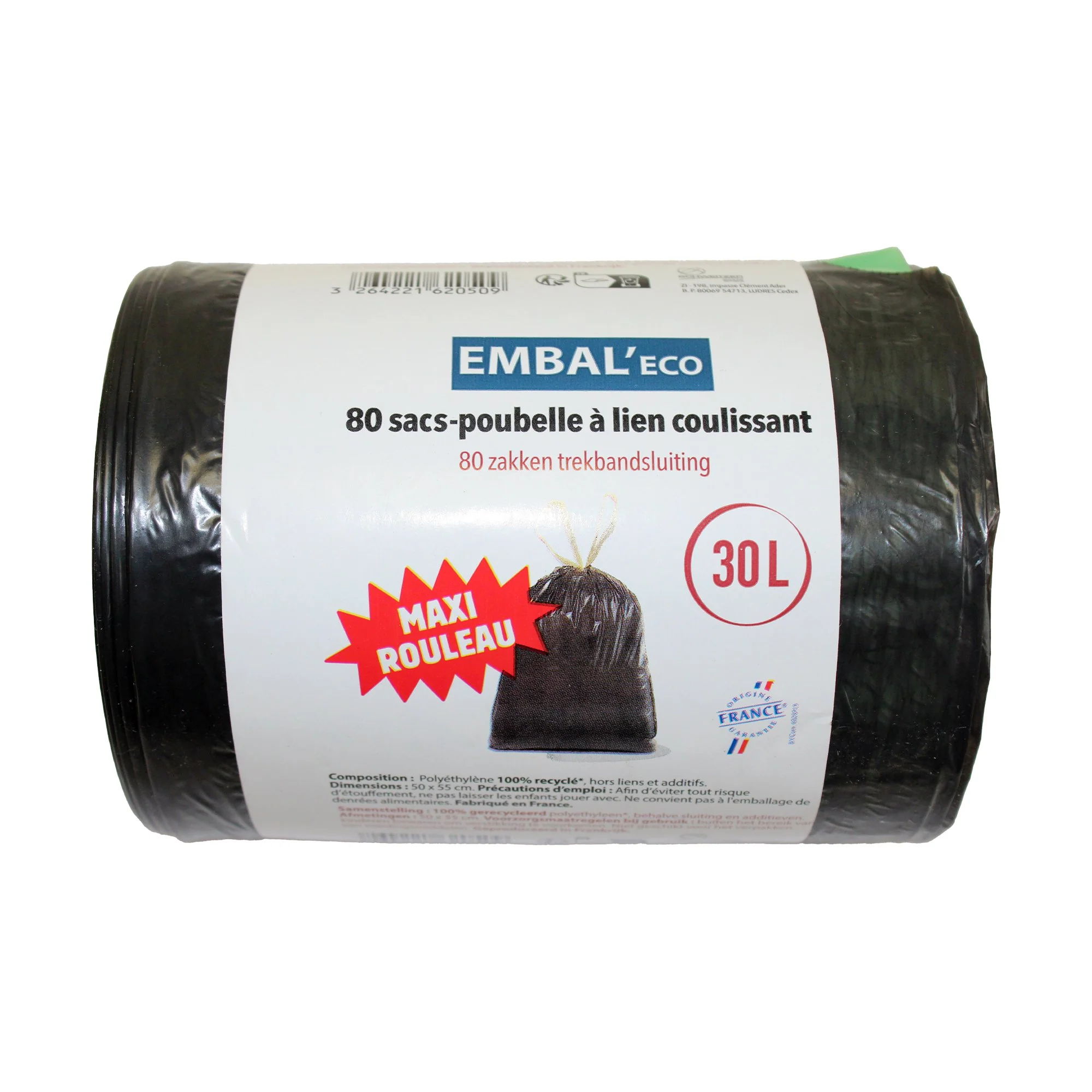 80 sacs poubelle 30L avec lien coulissant