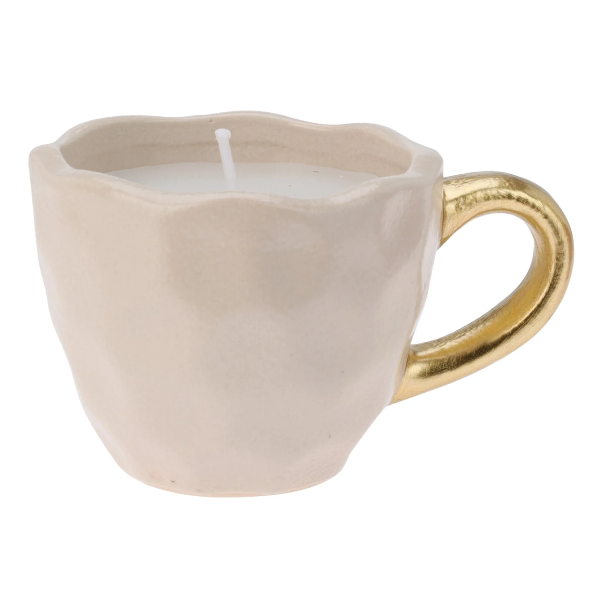 Bougie tasse en céramique avec bord et poignée dorés