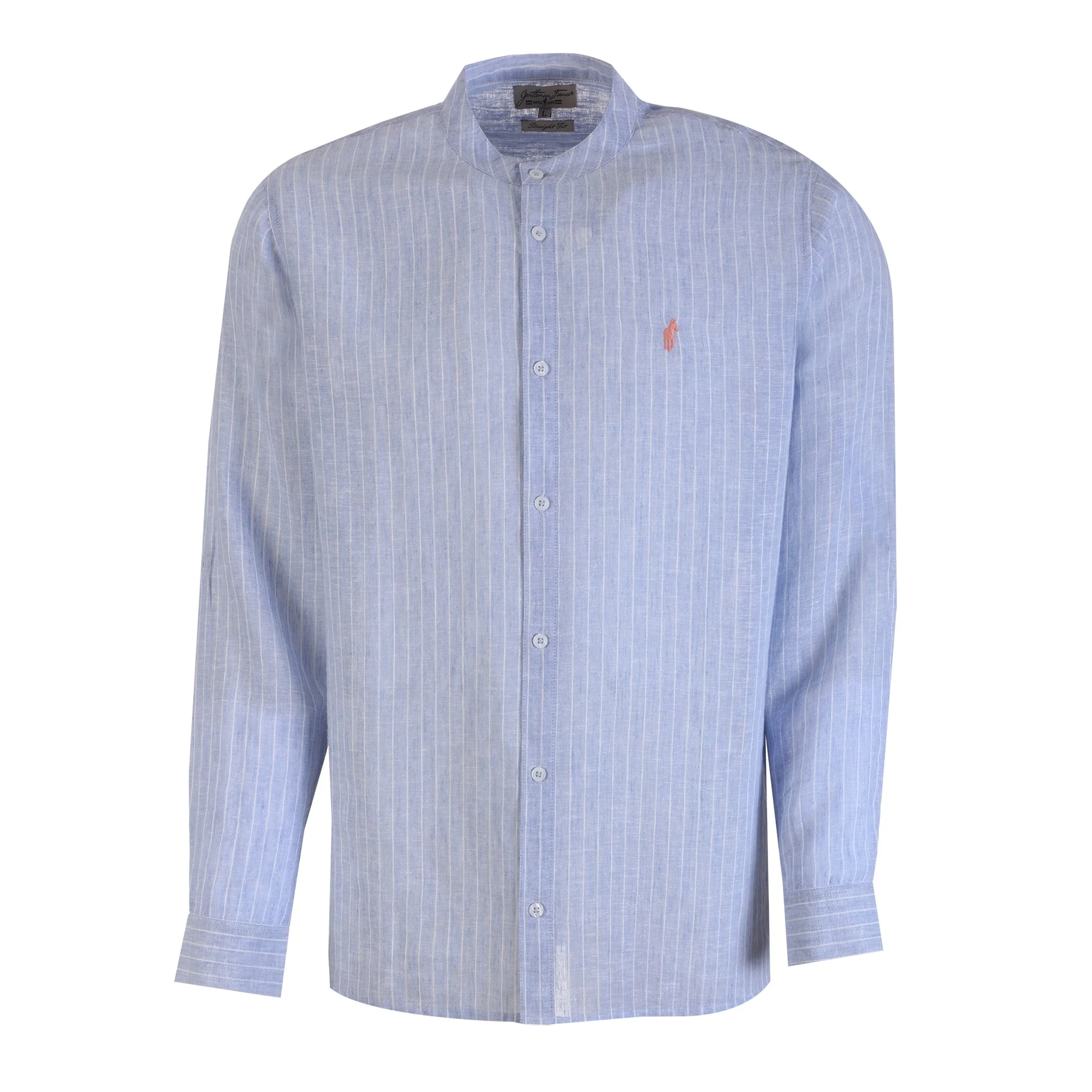 Chemise manches longues col mao lin et coton  - Bleu