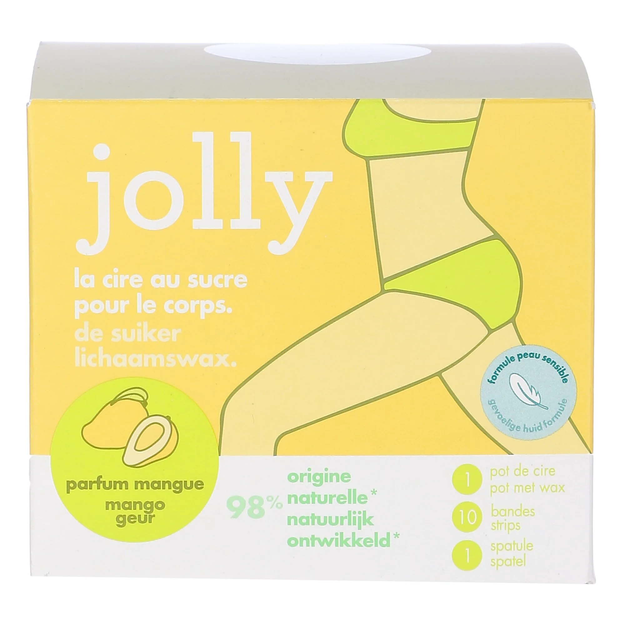Cire dépilatoire corps parfum mangue en pot + 10 bandes + spatule