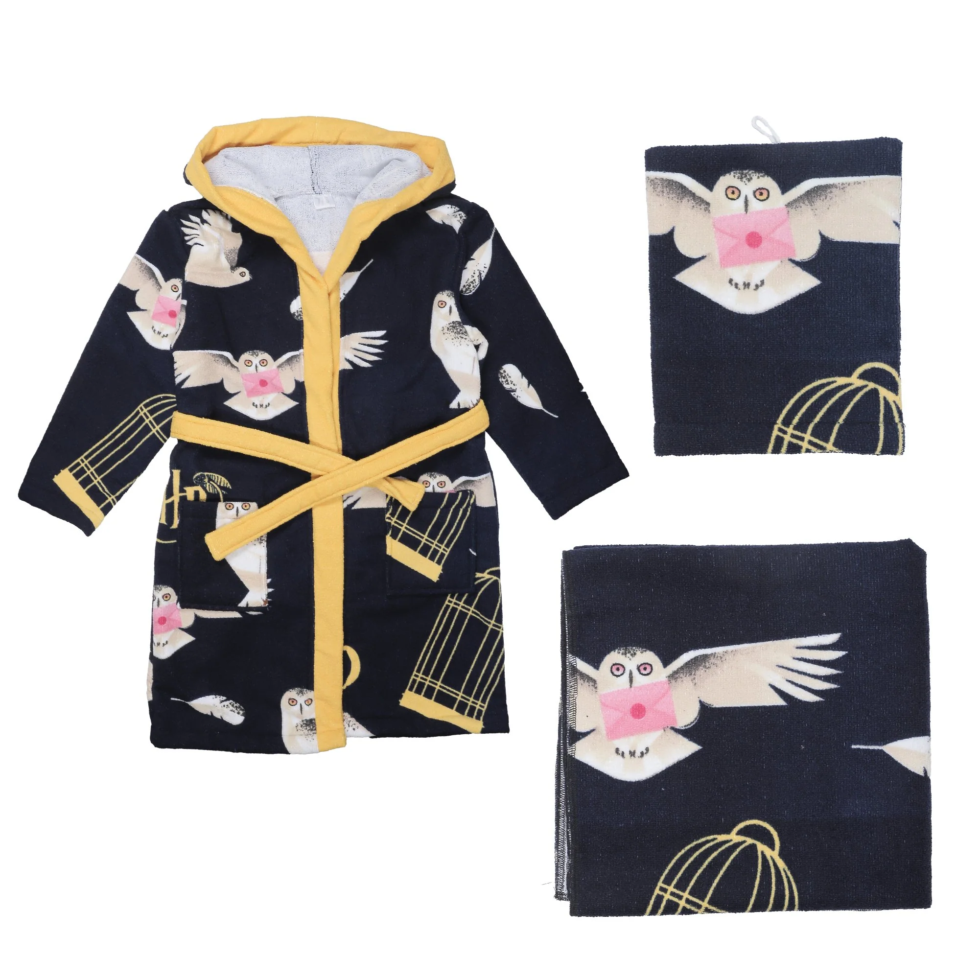 Ensemble de bain peignoir + serviette + gant  - Bleu foncé