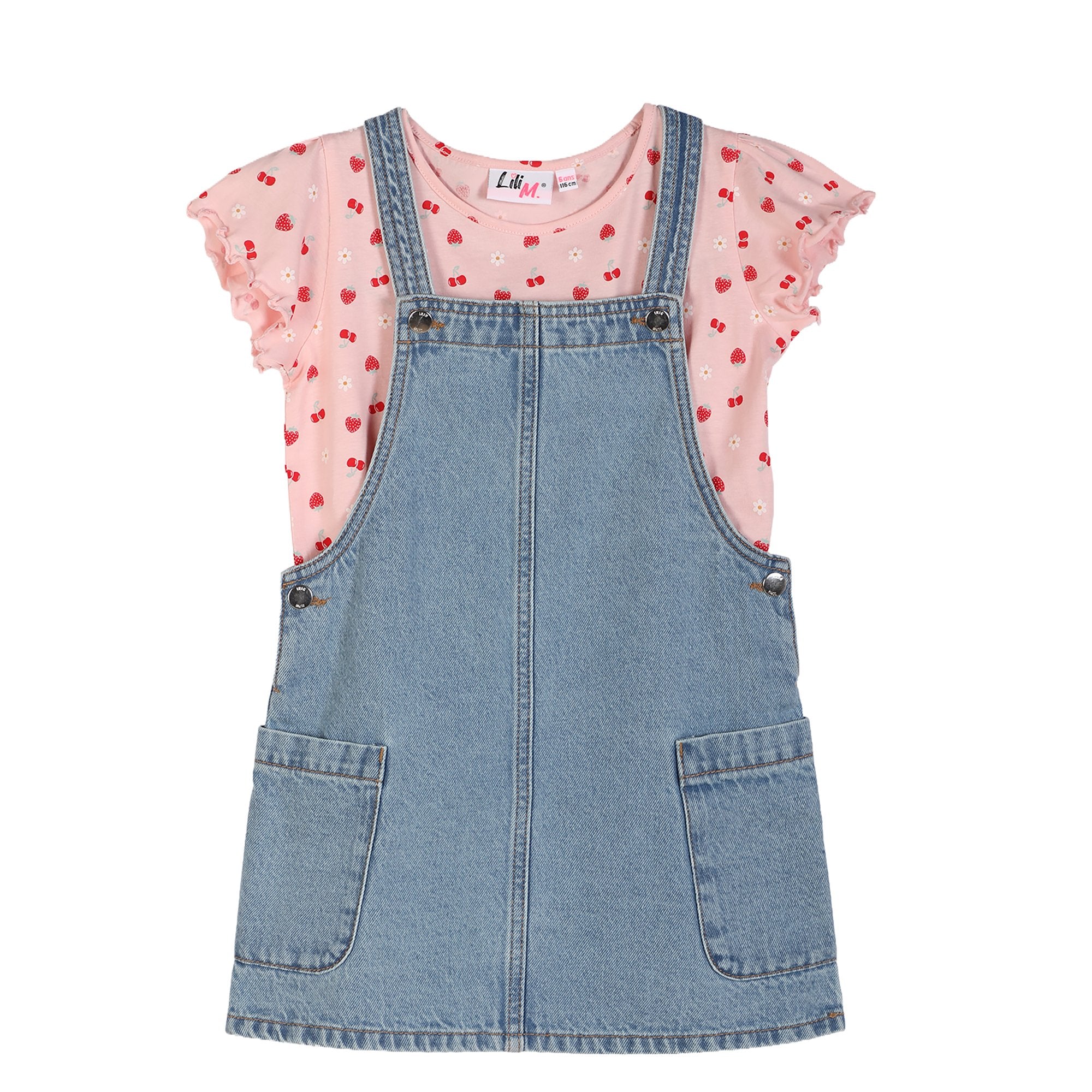 Ensemble robe en jean et tee shirt manche courte - Rose