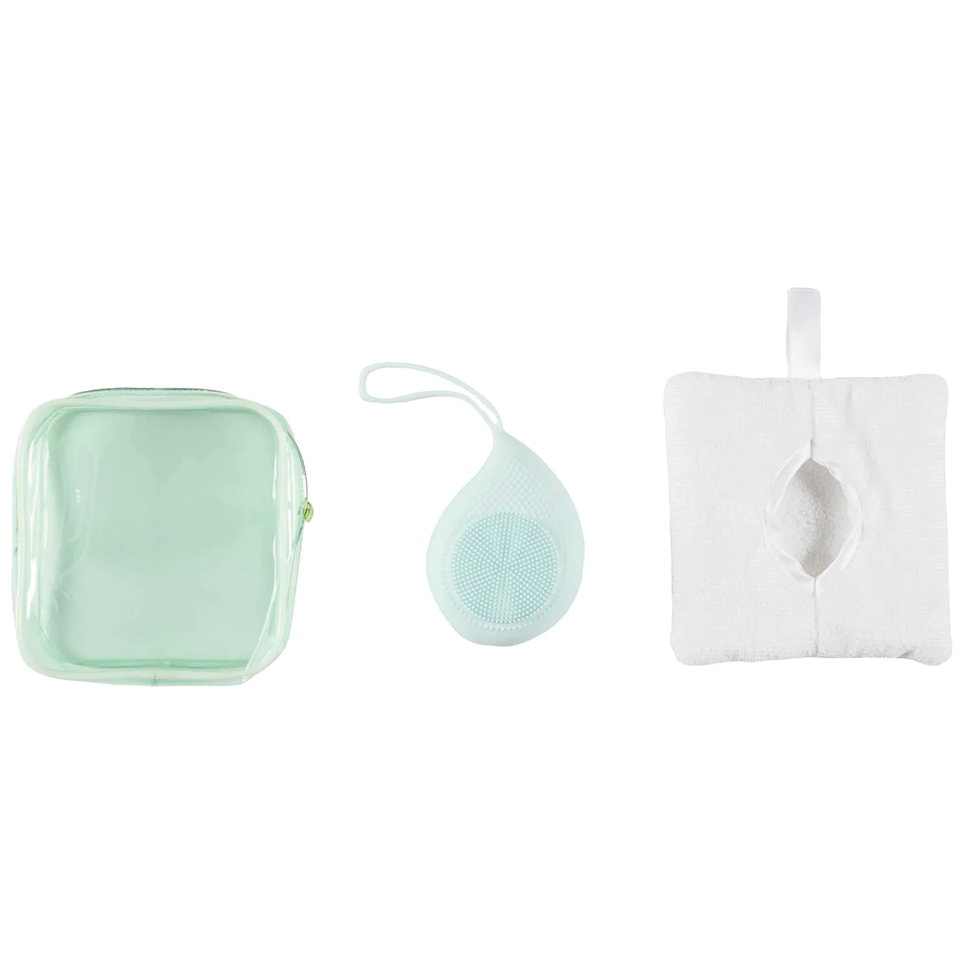 Eponge en silicone, gant à démaquiller et une trousse