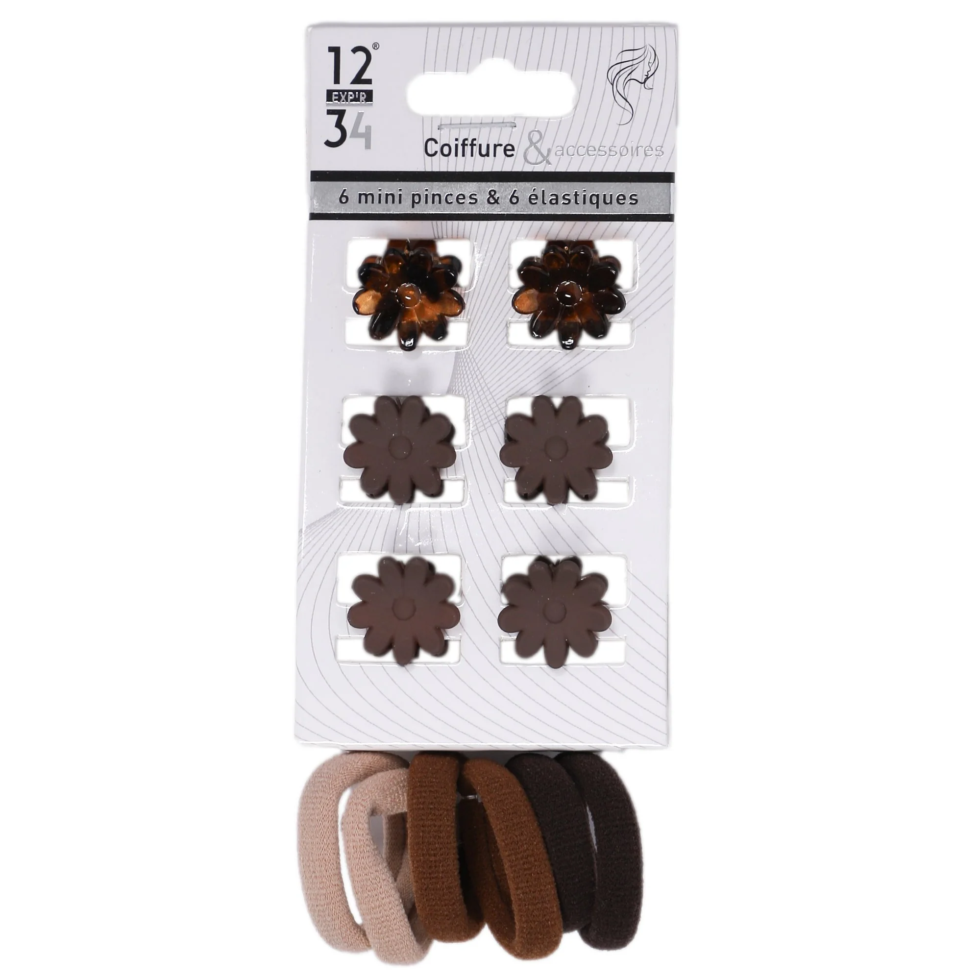 Lot de 6 mini pinces et élastiques marron
