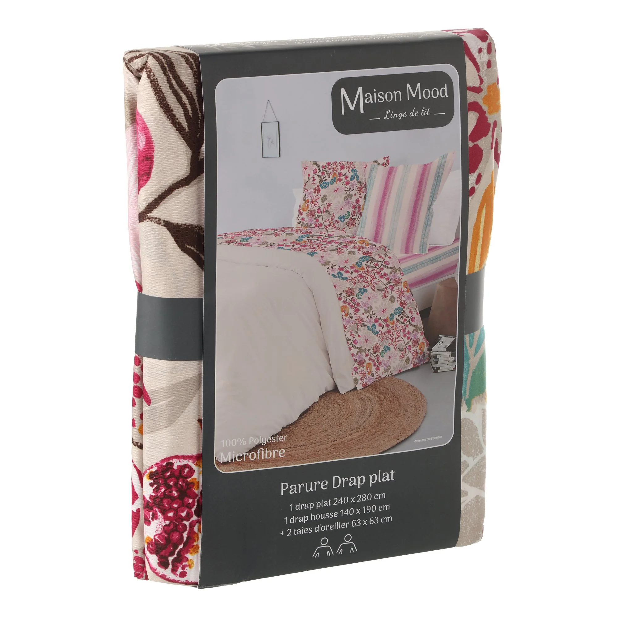 Parure drap plat 240x280cm, drap housse 140x190 cm polyester microfibre  - Beige - Image 2
