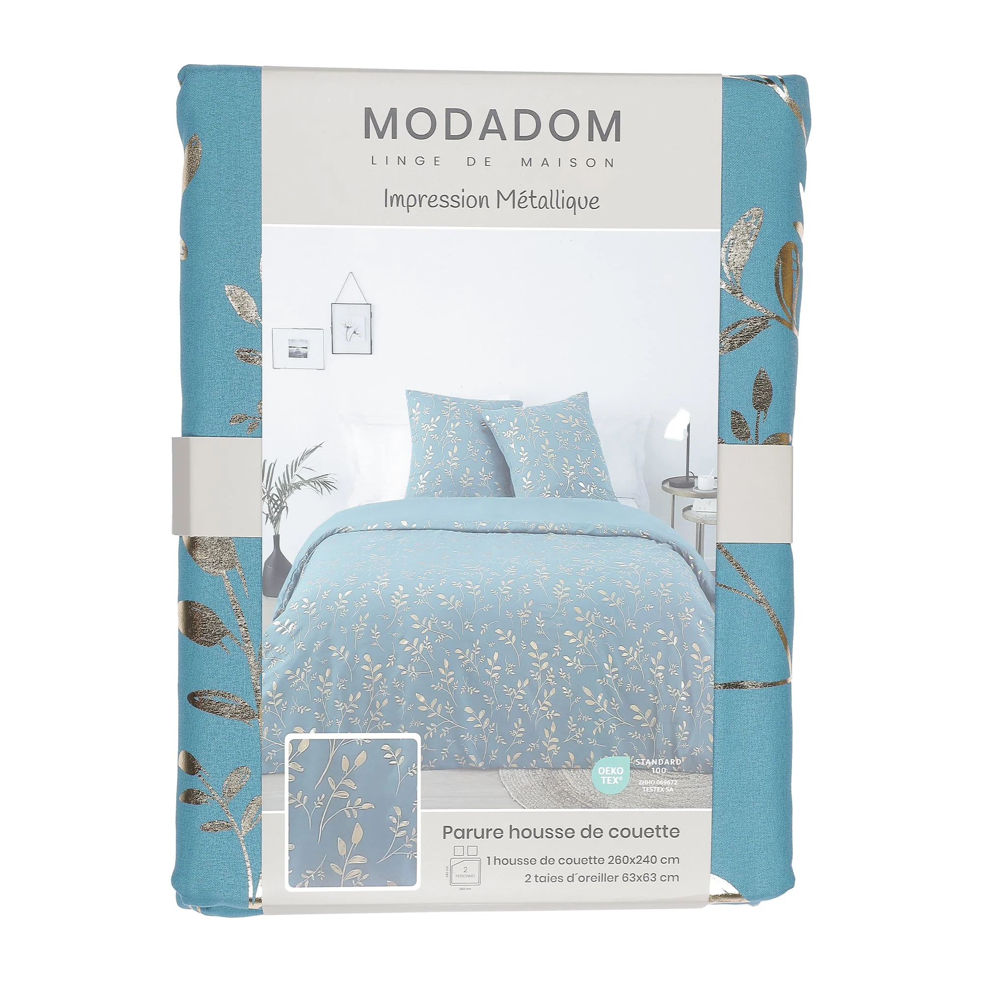 Parure housse de couette 260x220 cm + 2 taies d'oreillers microfibre imprimée métal  - Bleu