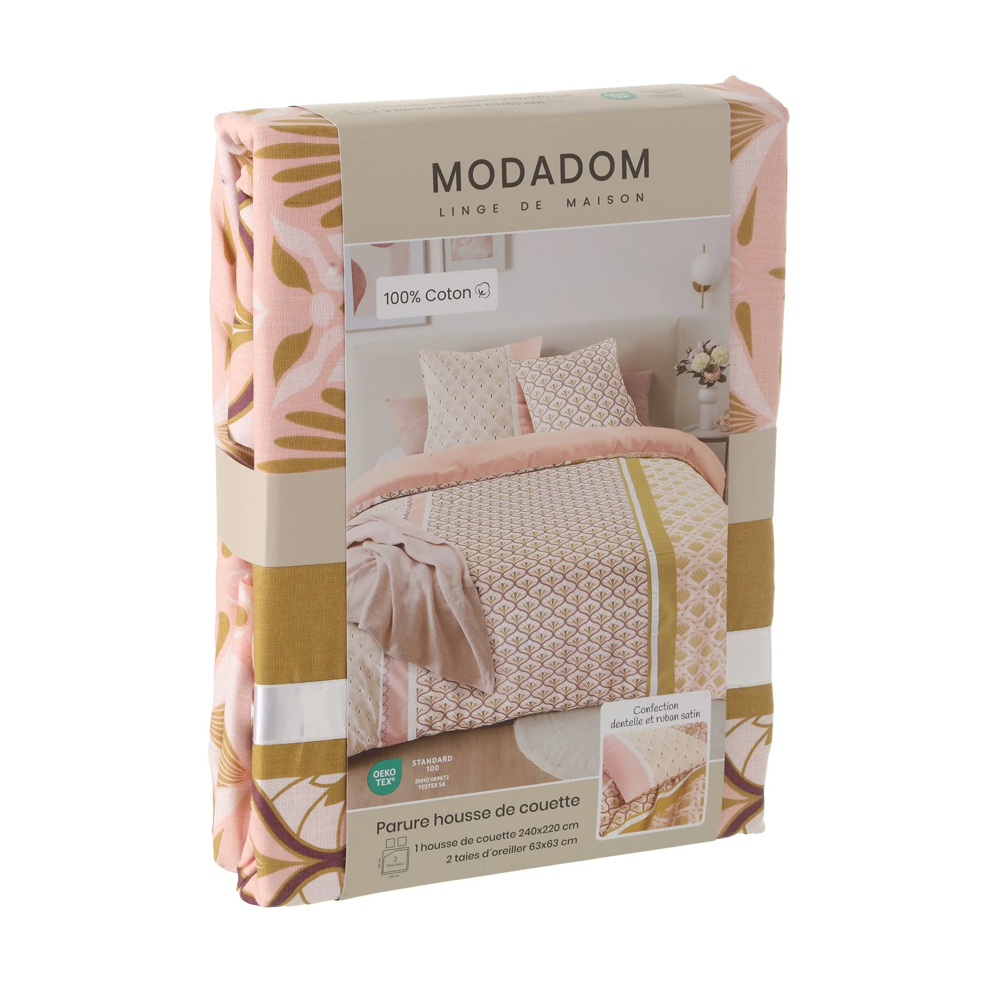 Parure housse de couette confection 240x220 cm + 2 taies d'oreillers 63x63 cm  - Rose - Image 2
