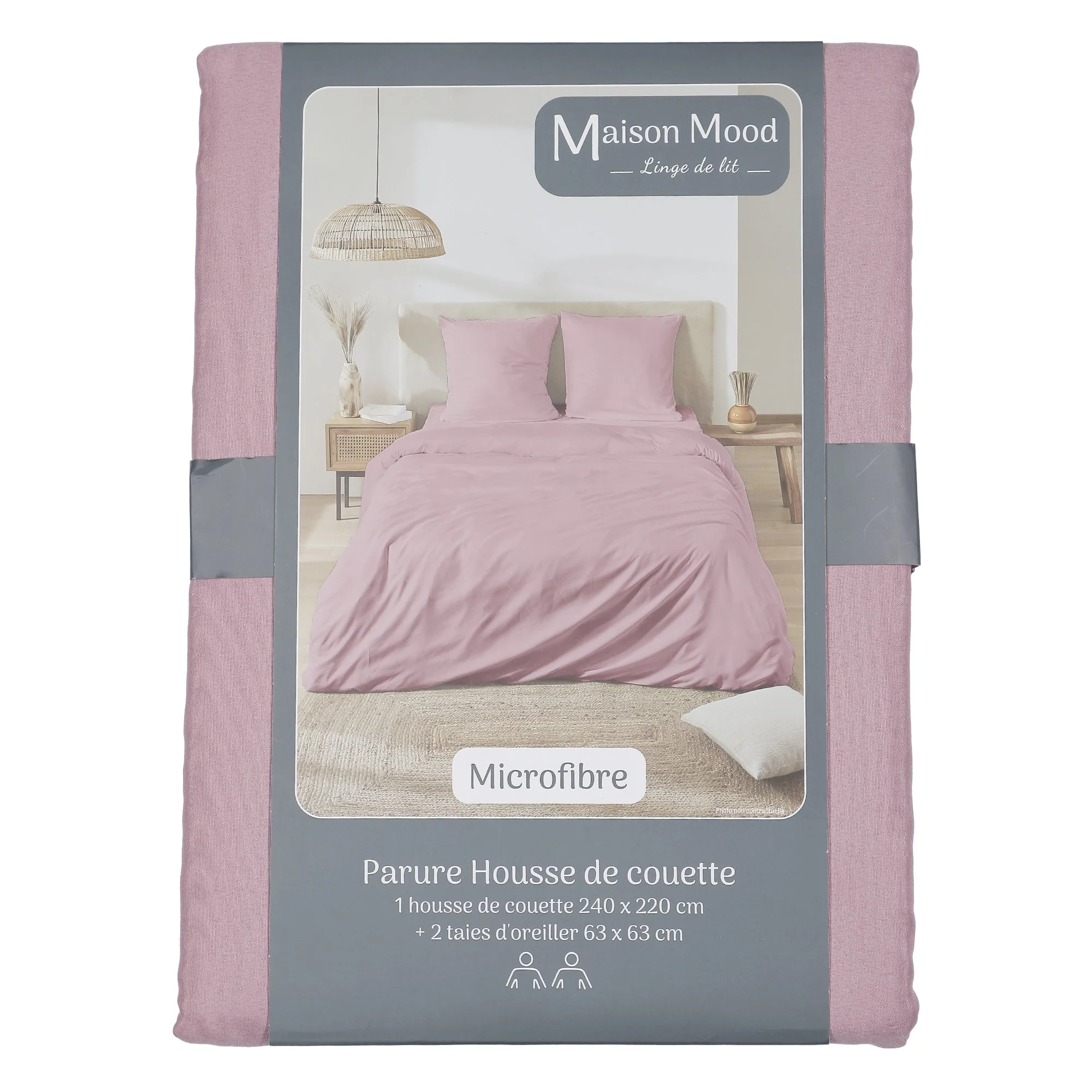 Parure housse de couette unie microfibre 240x220 cm + 2 taies d'oreillers 63x63 cm - Violet