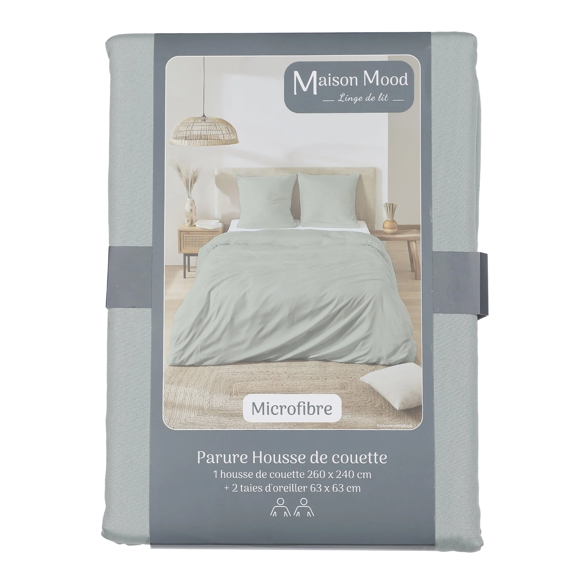 Parure housse de couette unie microfibre 260x240 cm + 2 taies d'oreillers 63x63 cm - Gris