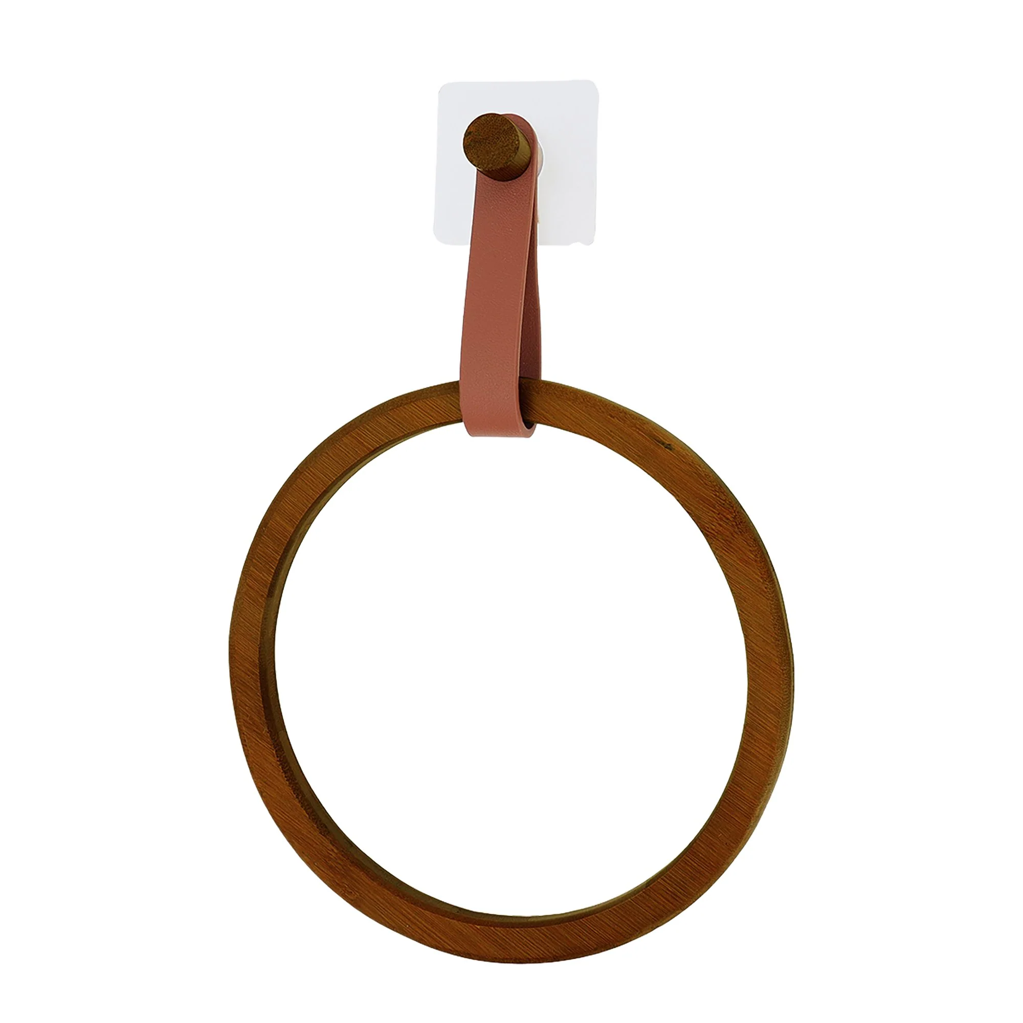 Porte serviette rond en bambou et lanière en cuir terracotta - Image 2