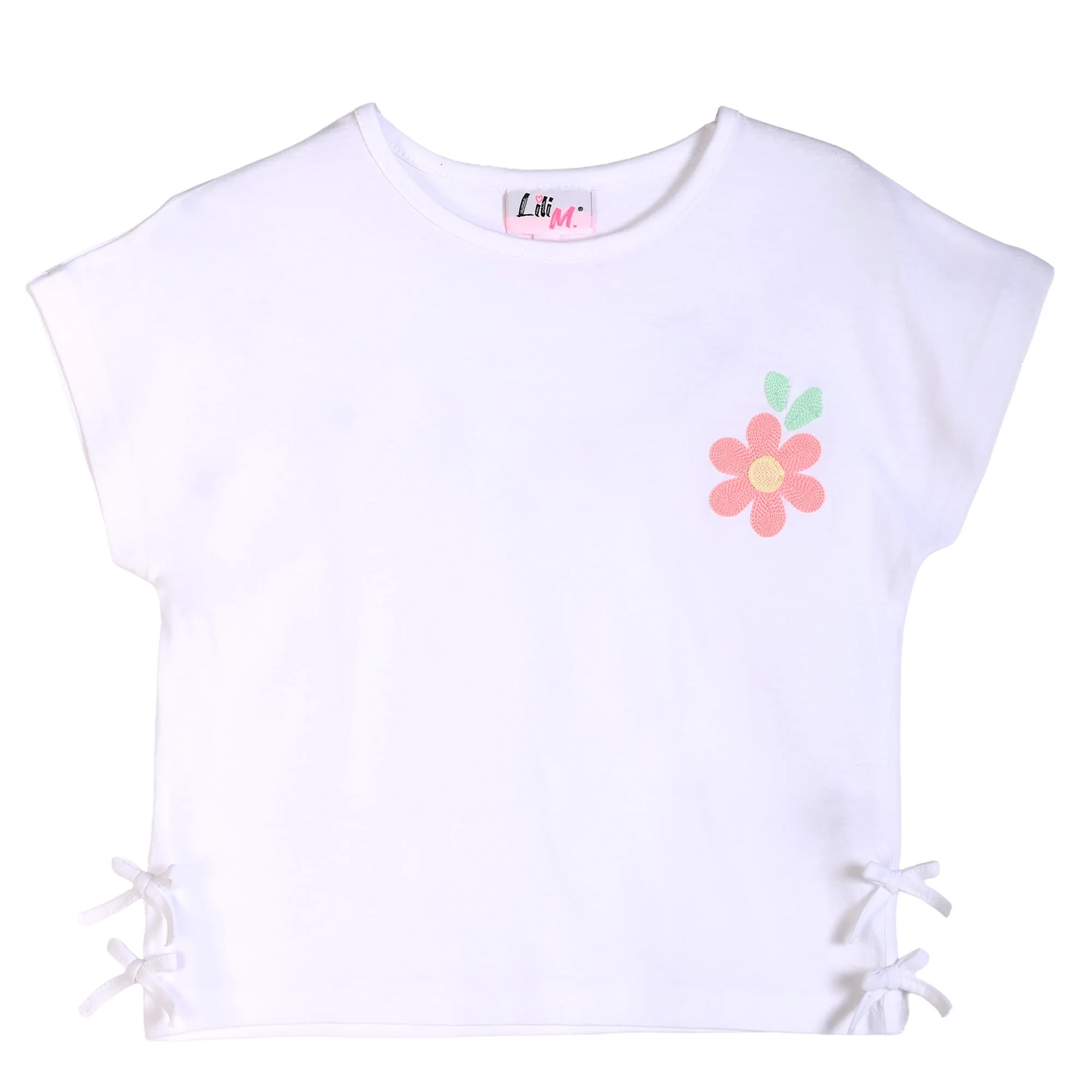 Tee shirt avec noeuds et broderies à fleurs - Blanc