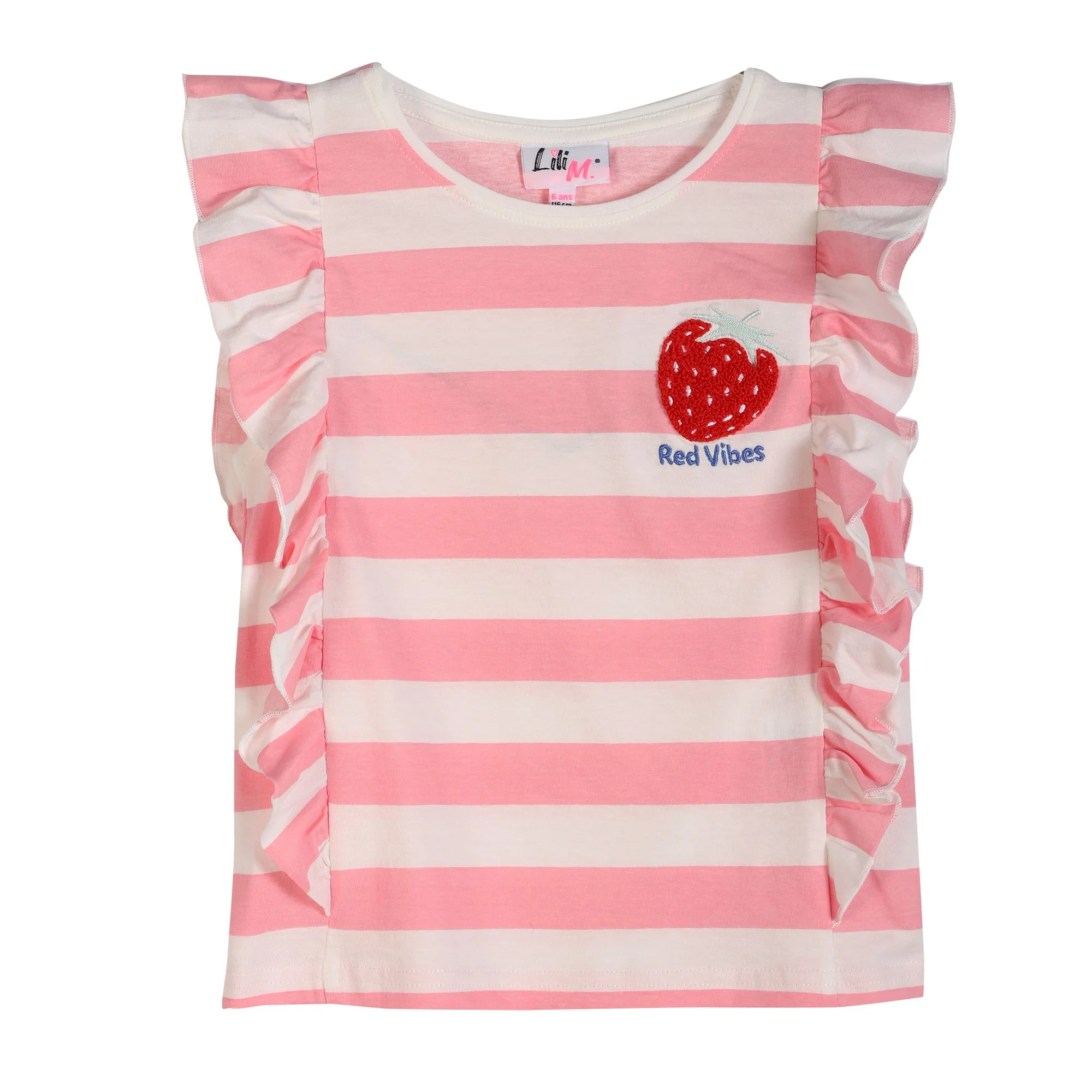 Tee-shirt manches courtes avec volants et rayures - Rose